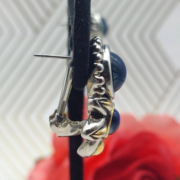 Michael Morrison Two Tone Silver & Gold Blue Glass Bead Floral Earrings Sign MX - Picture 9 of 11